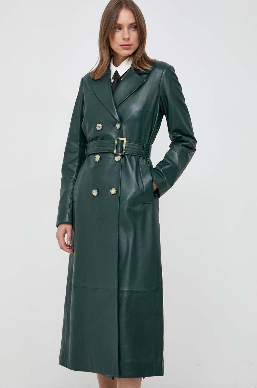 Kožený kabát Ivy Oak dámský, zelená barva, přechodný, dvouřadový - zelená - Hlavní materiál: 100 % P
