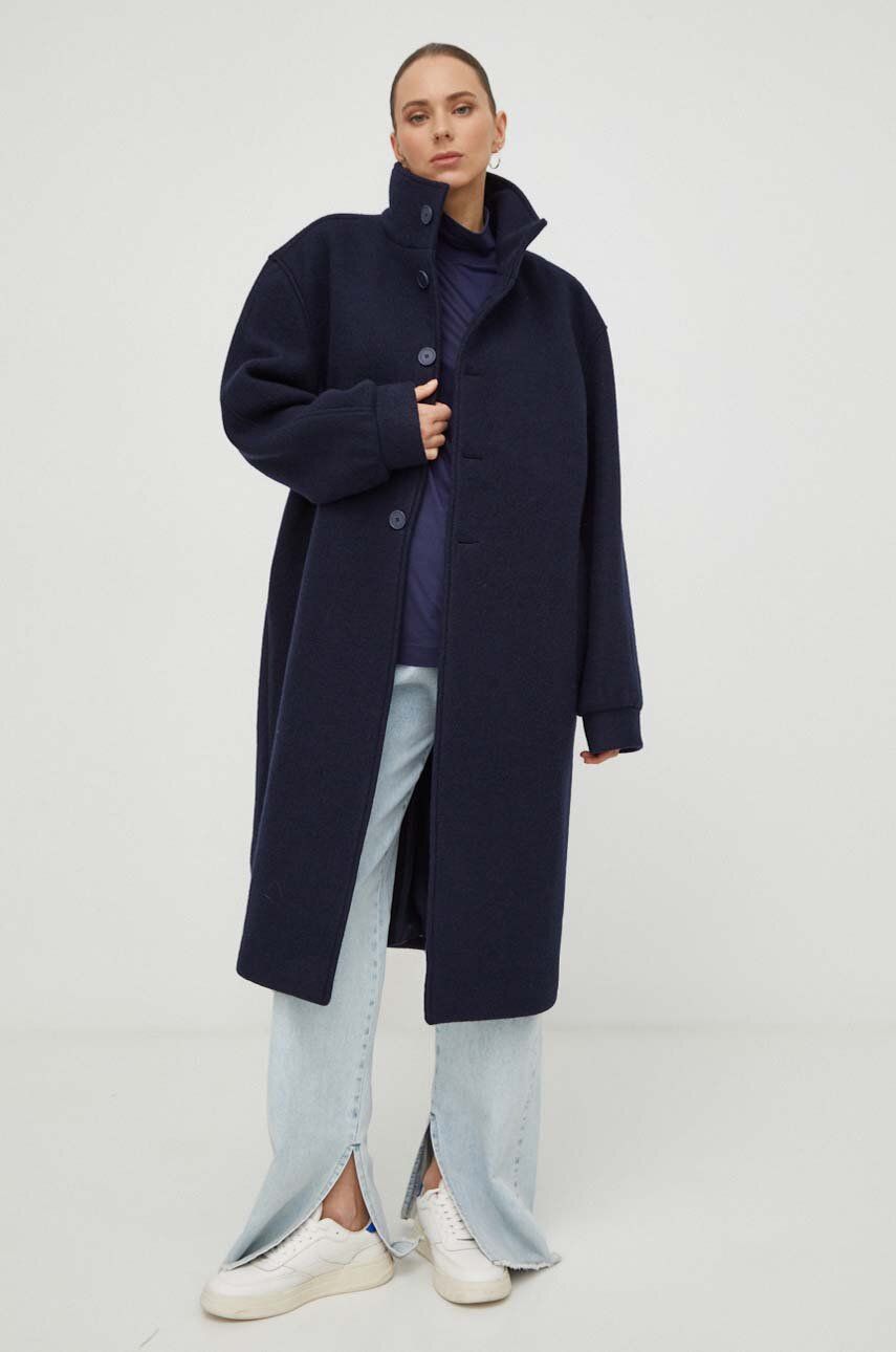 E-shop Vlněný kabát American Vintage tmavomodrá barva, přechodný, oversize