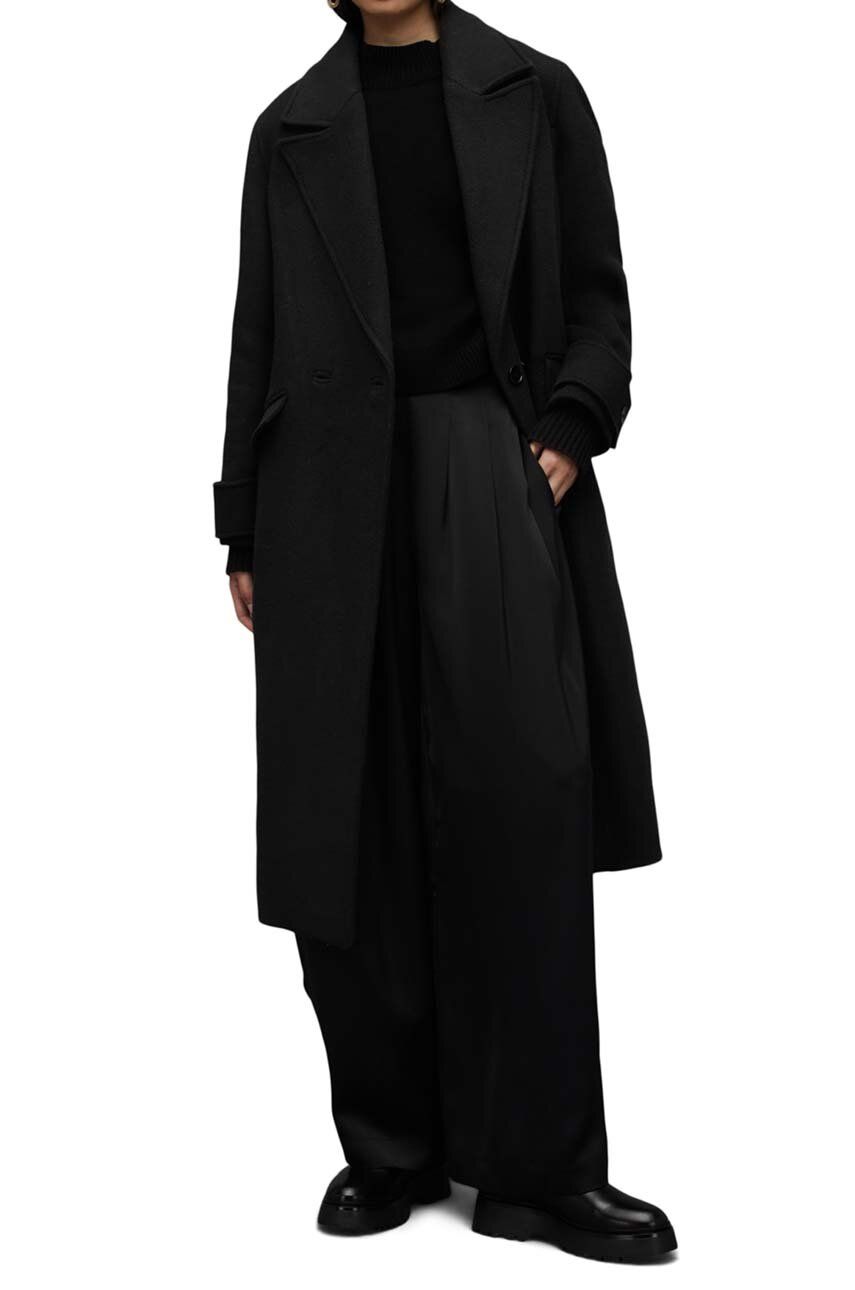 Levně Kabát AllSaints WO016Z MABEL COAT dámský, černá barva, přechodný, dvouřadový