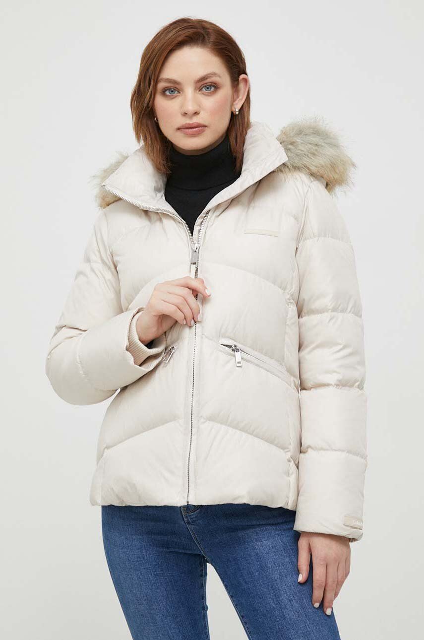 Levně Péřová bunda Calvin Klein dámská, béžová barva, zimní