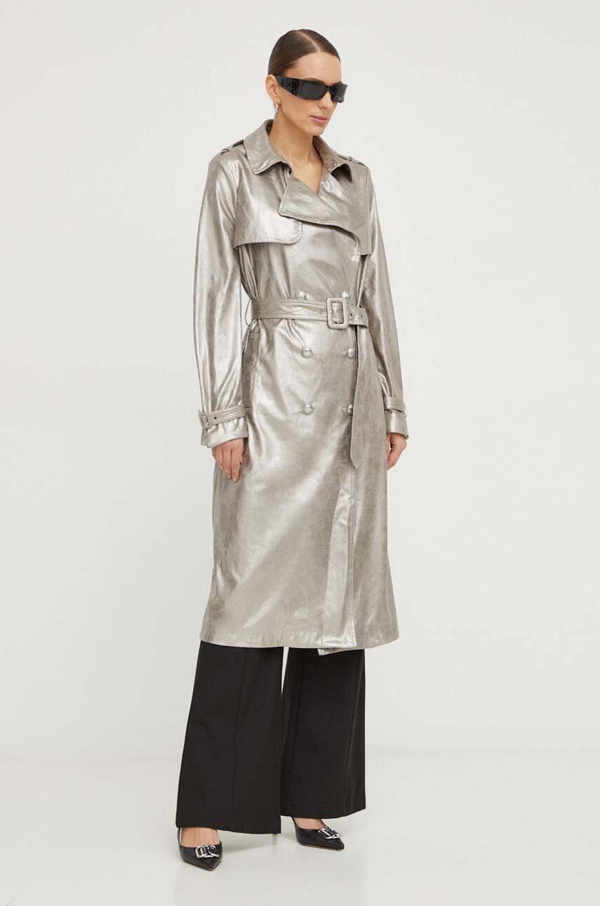 Trench kabát Guess ADELE dámský, šedá barva, přechodný, dvouřadový, W4RL01 WFWN2