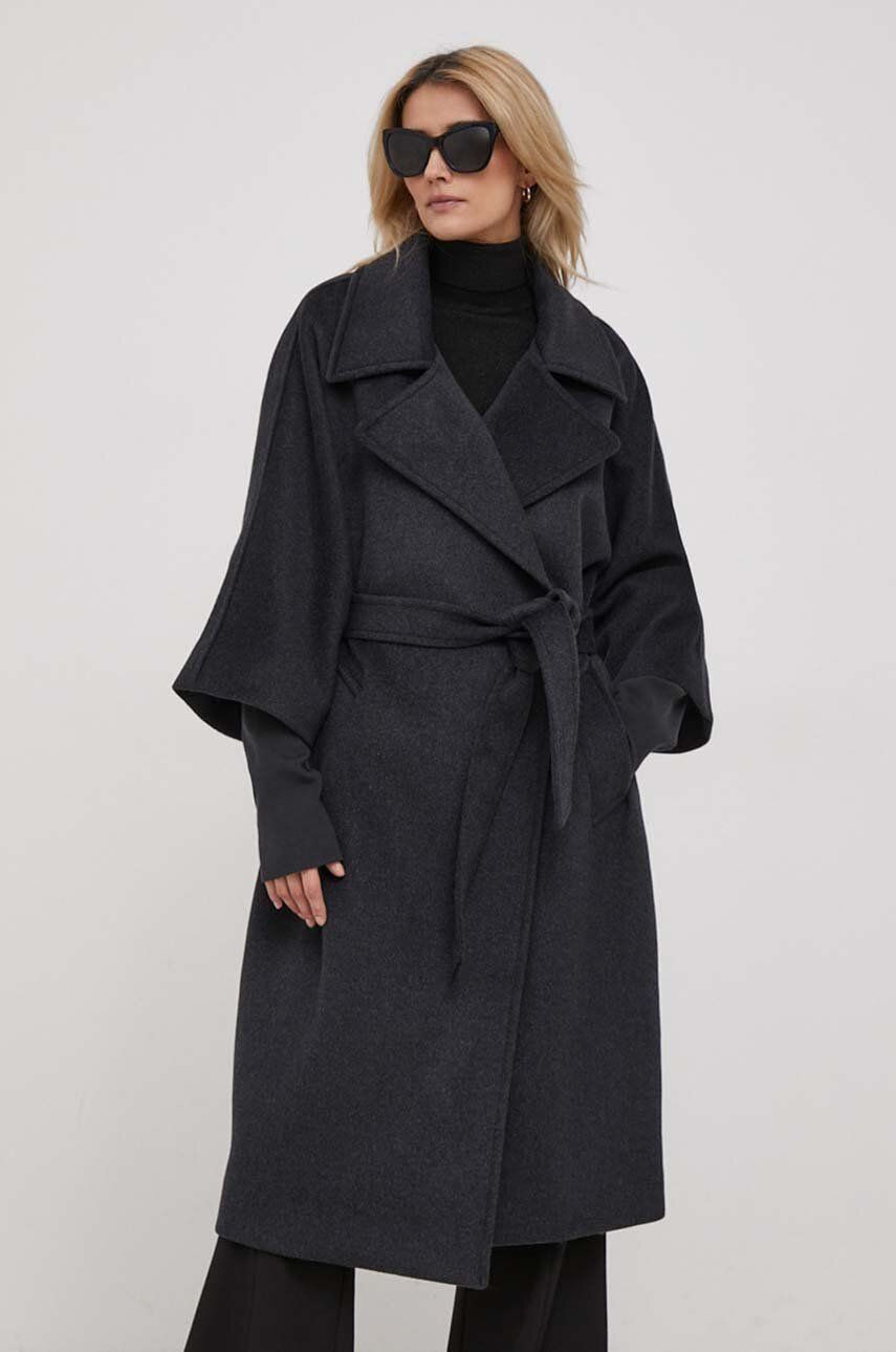 Vlněný kabát Tiffi šedá barva, přechodný, oversize - šedá - Hlavní materiál: 50 % Polyester