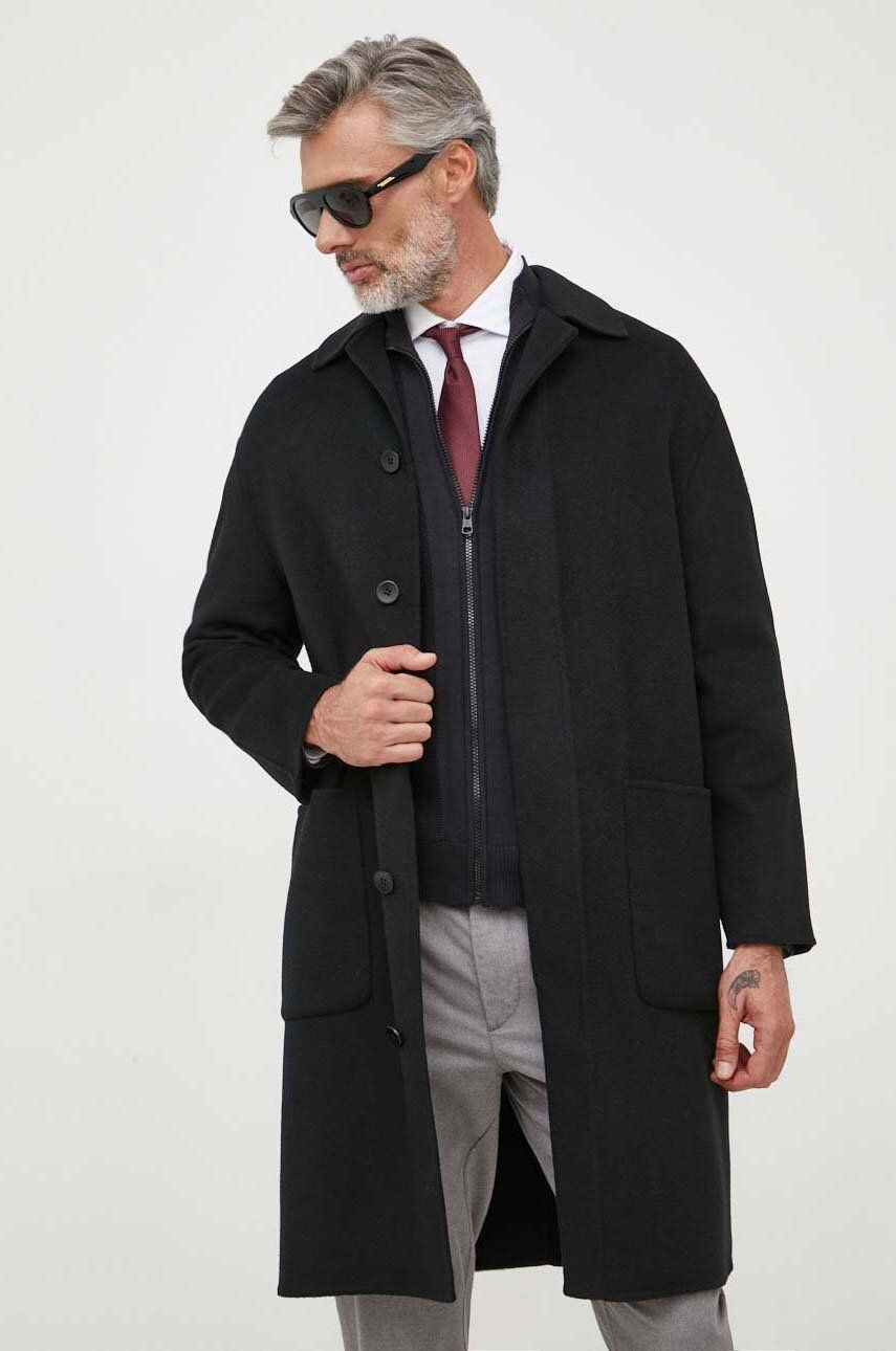 Vlněný kabát Calvin Klein černá barva, přechodný, oversize - černá -  Hlavní materiál: 70 % Vln