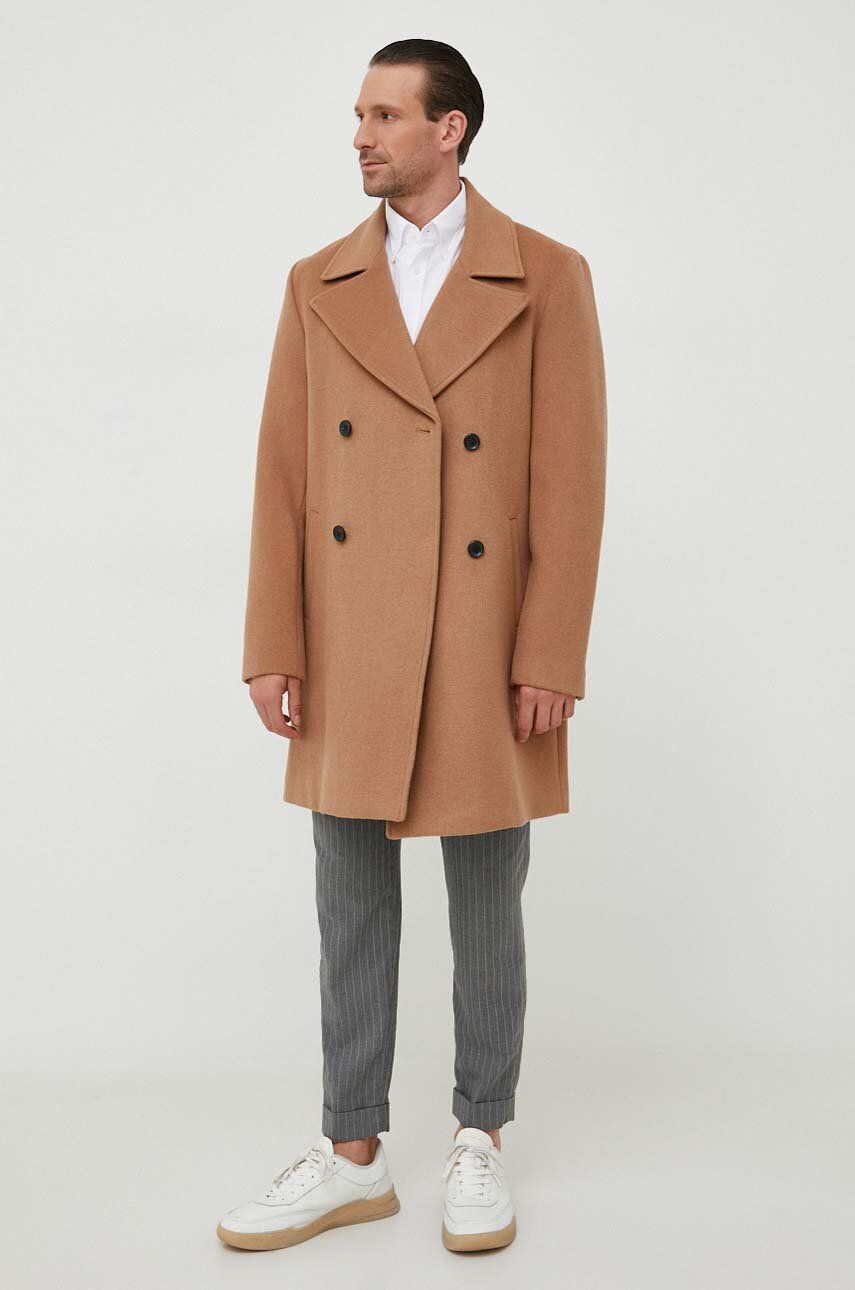 Vlněný kabát Guess hnědá barva, přechodný, dvouřadový - hnědá - Hlavní materiál: 53 % Vlna