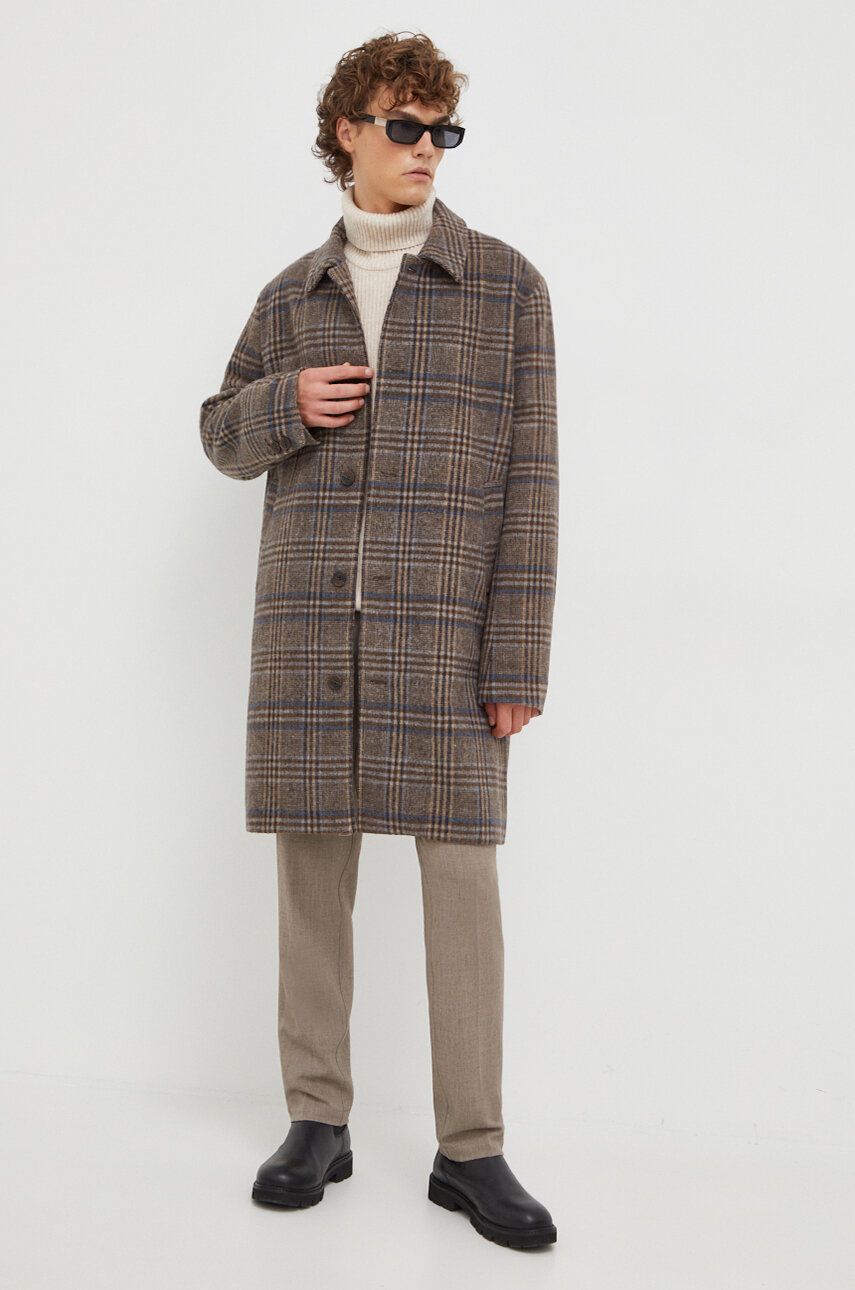 Vlněný kabát Les Deux hnědá barva, přechodný, oversize - hnědá - Hlavní materiál: 50 % Polyester