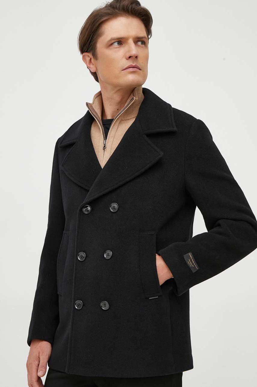 Vlněný kabát Liu Jo černá barva, přechodný, dvouřadový - černá - Hlavní materiál: 70 % Vlna