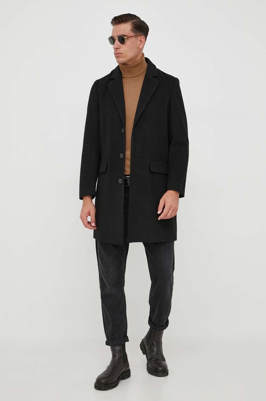 Vlněný kabát United Colors of Benetton černá barva, přechodný - černá - Hlavní materiál: 50 % Polyes