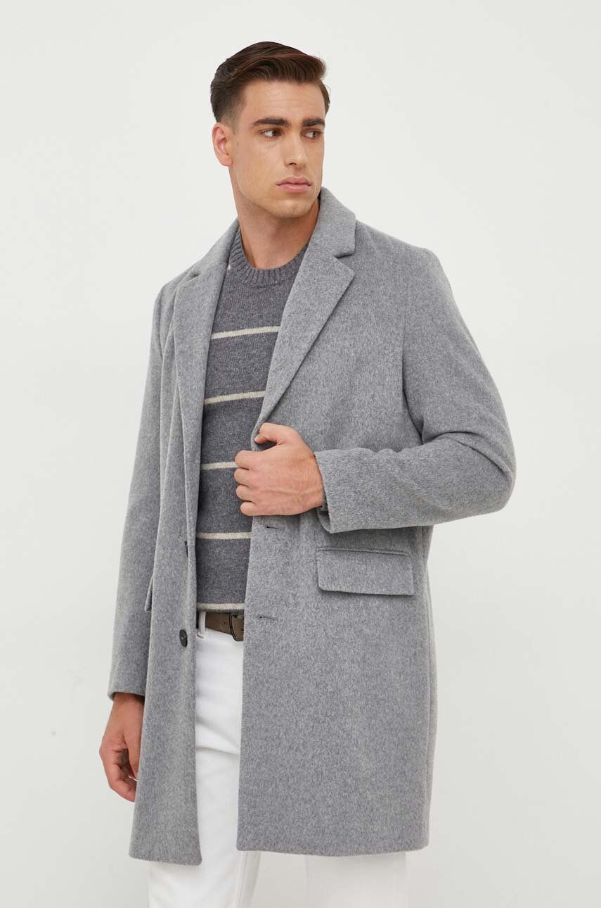 Vlněný kabát United Colors of Benetton šedá barva, přechodný - šedá - Hlavní materiál: 50 % Polyeste
