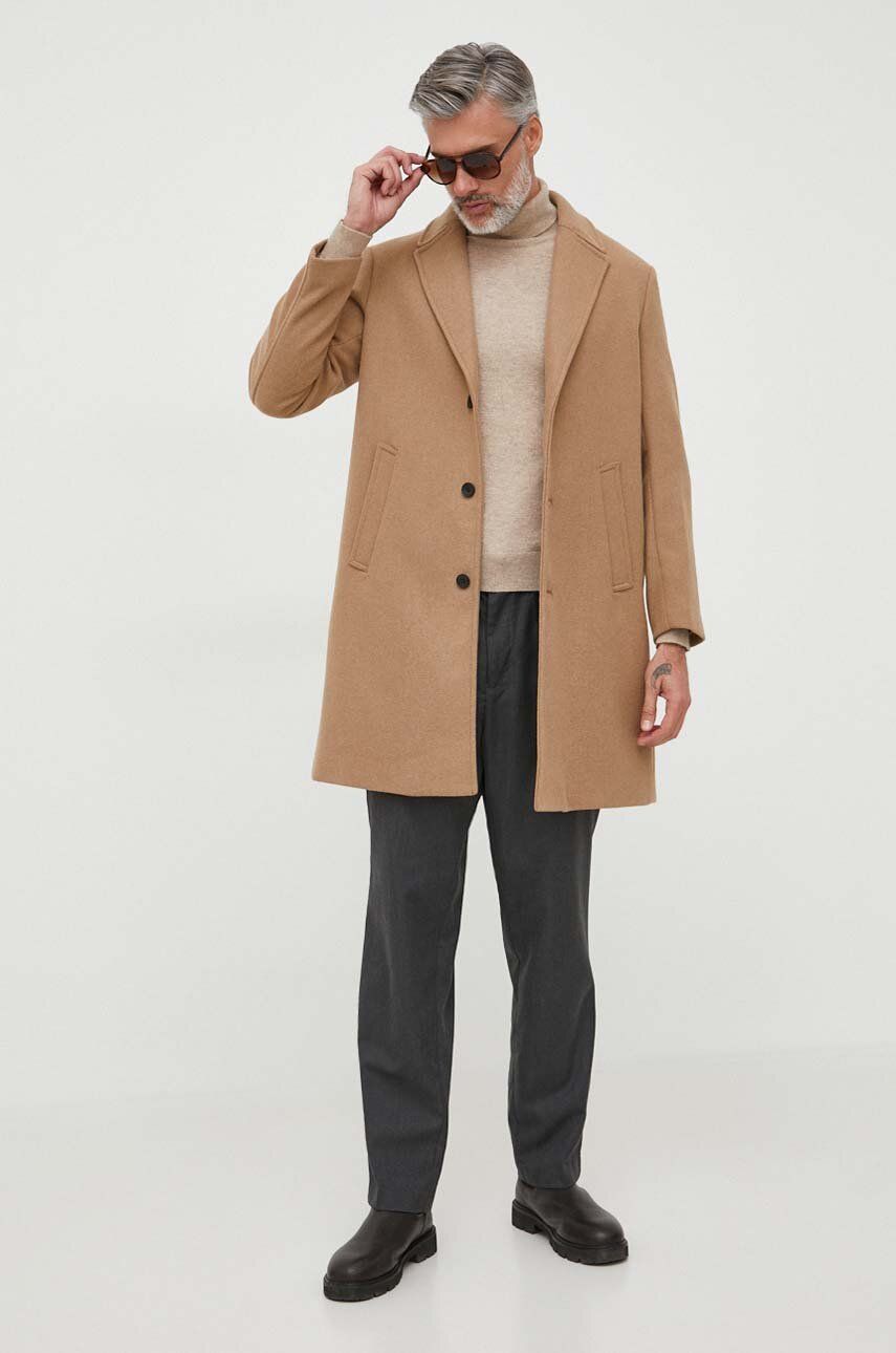 Kabát s příměsí vlny Sisley béžová barva, přechodný - béžová - Hlavní materiál: 75 % Polyester