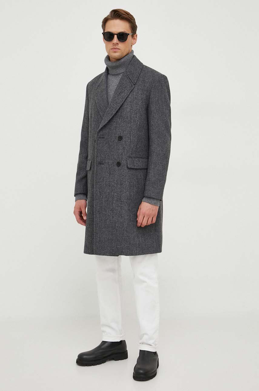 Kabát s příměsí vlny Sisley šedá barva, přechodný, dvouřadový