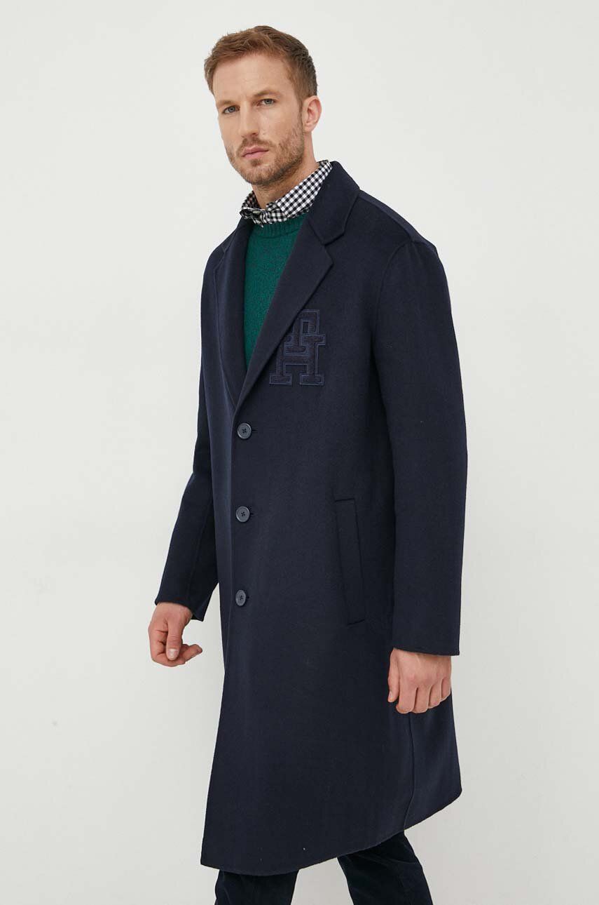 Vlněný kabát Tommy Hilfiger tmavomodrá barva, přechodný