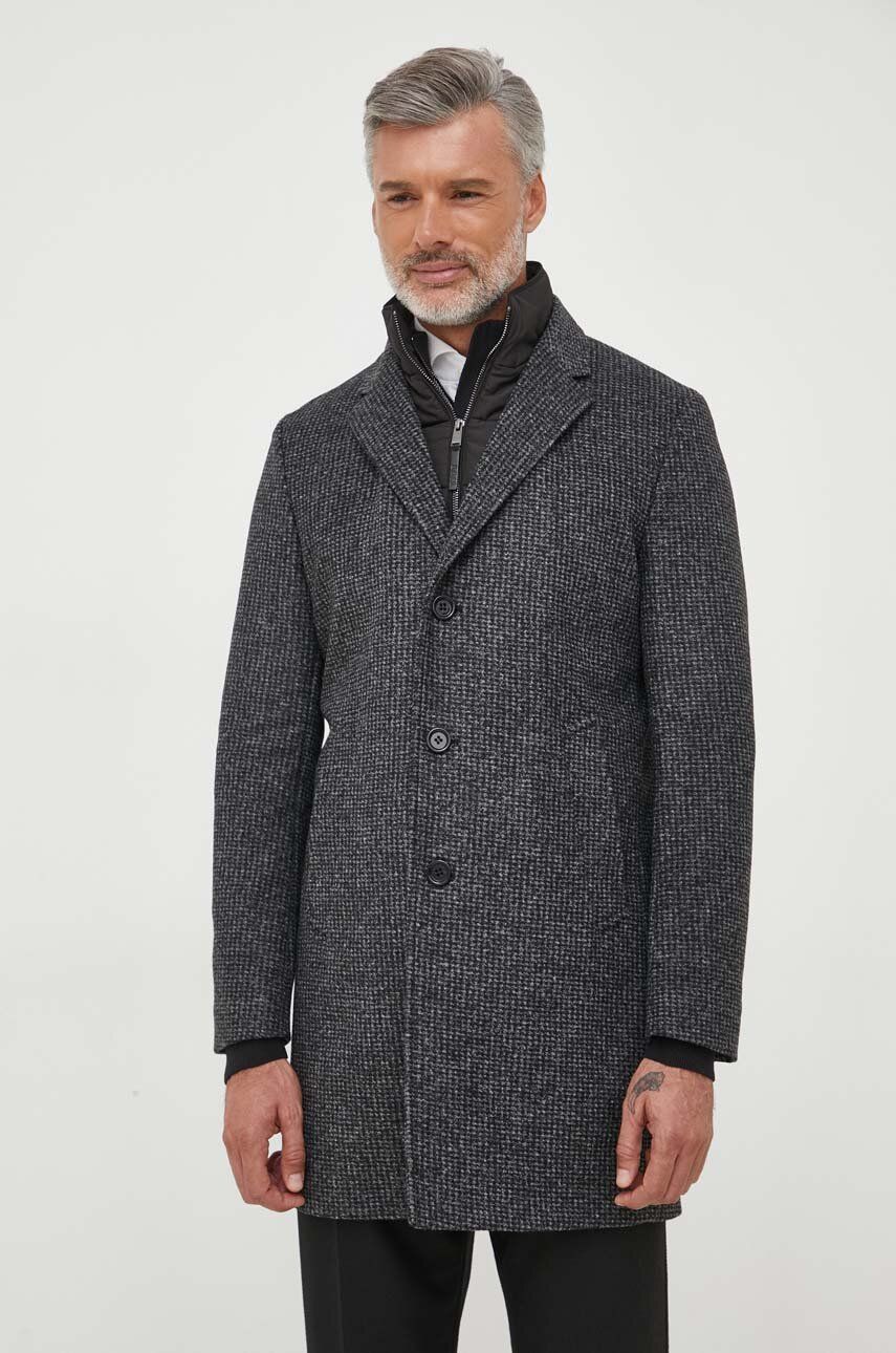 Kabát s příměsí vlny BOSS černá barva, přechodný - černá - Hlavní materiál: 45 % Polyester