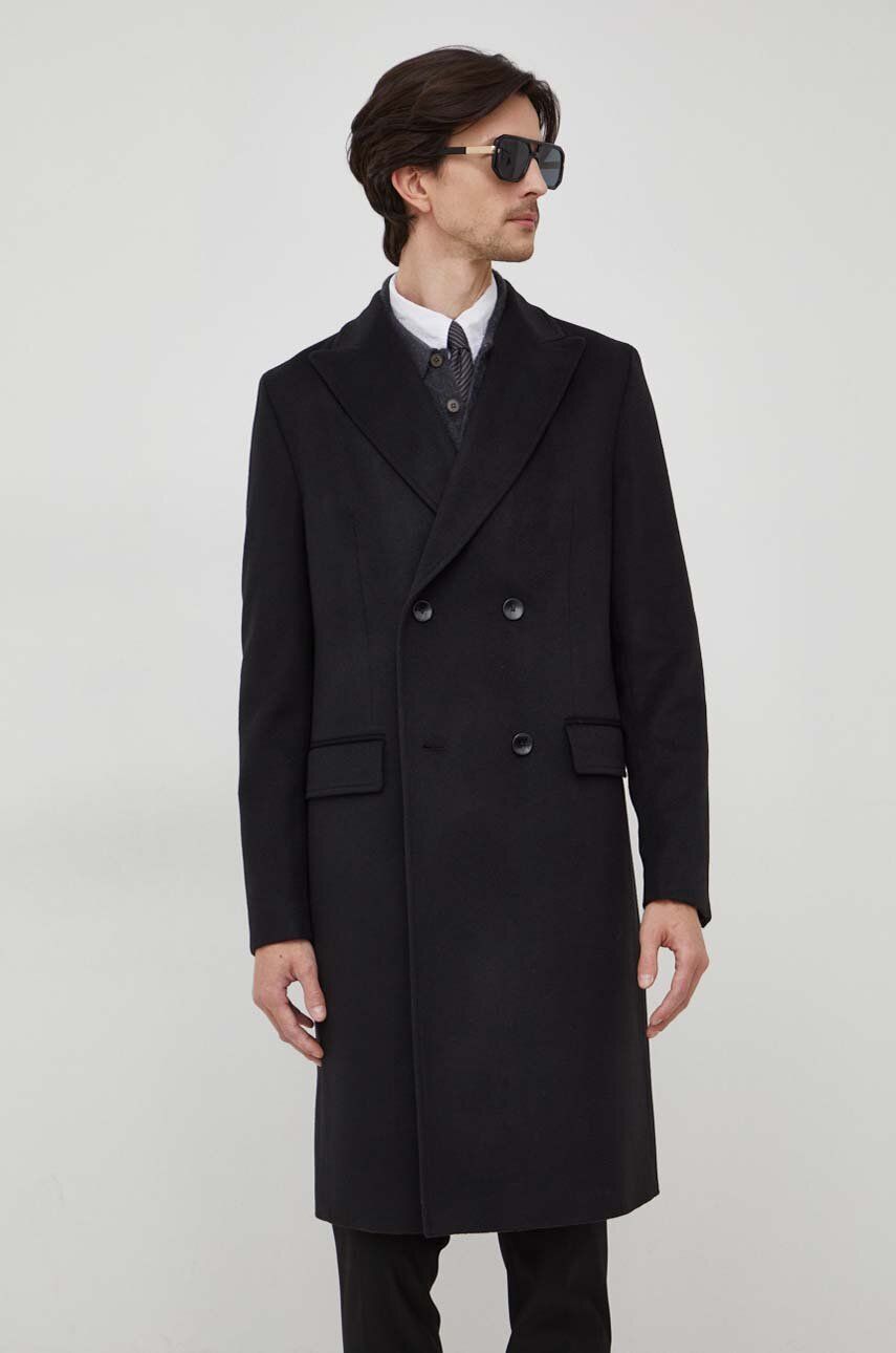 E-shop Vlněný kabát BOSS černá barva, přechodný, dvouřadový