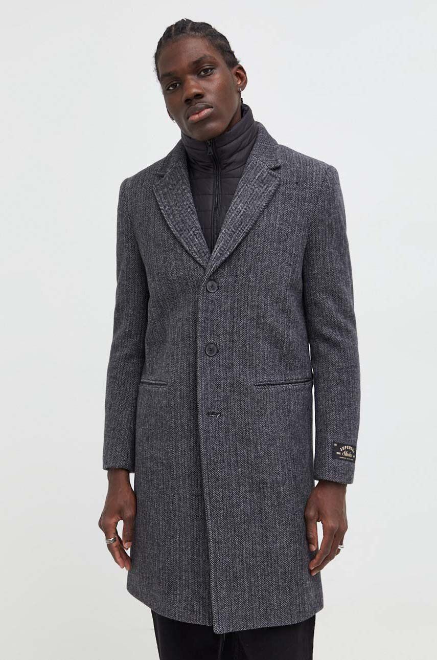 Vlněný kabát Superdry šedá barva, přechodný - šedá - Hlavní materiál: 70 % Vlna