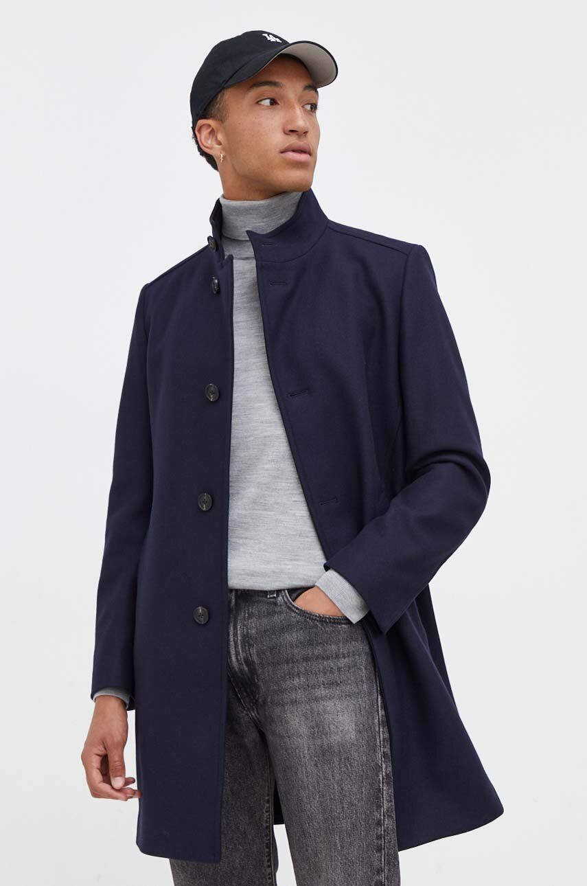 Vlněný kabát HUGO tmavomodrá barva, přechodný - námořnická modř - Hlavní materiál: 70 % Vlna