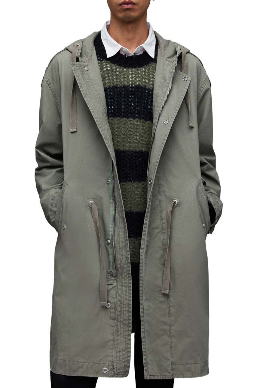 Bavlněný kabát AllSaints Comiso zelená barva - zelená - Hlavní materiál: 100 % Bavlna Podšívka: