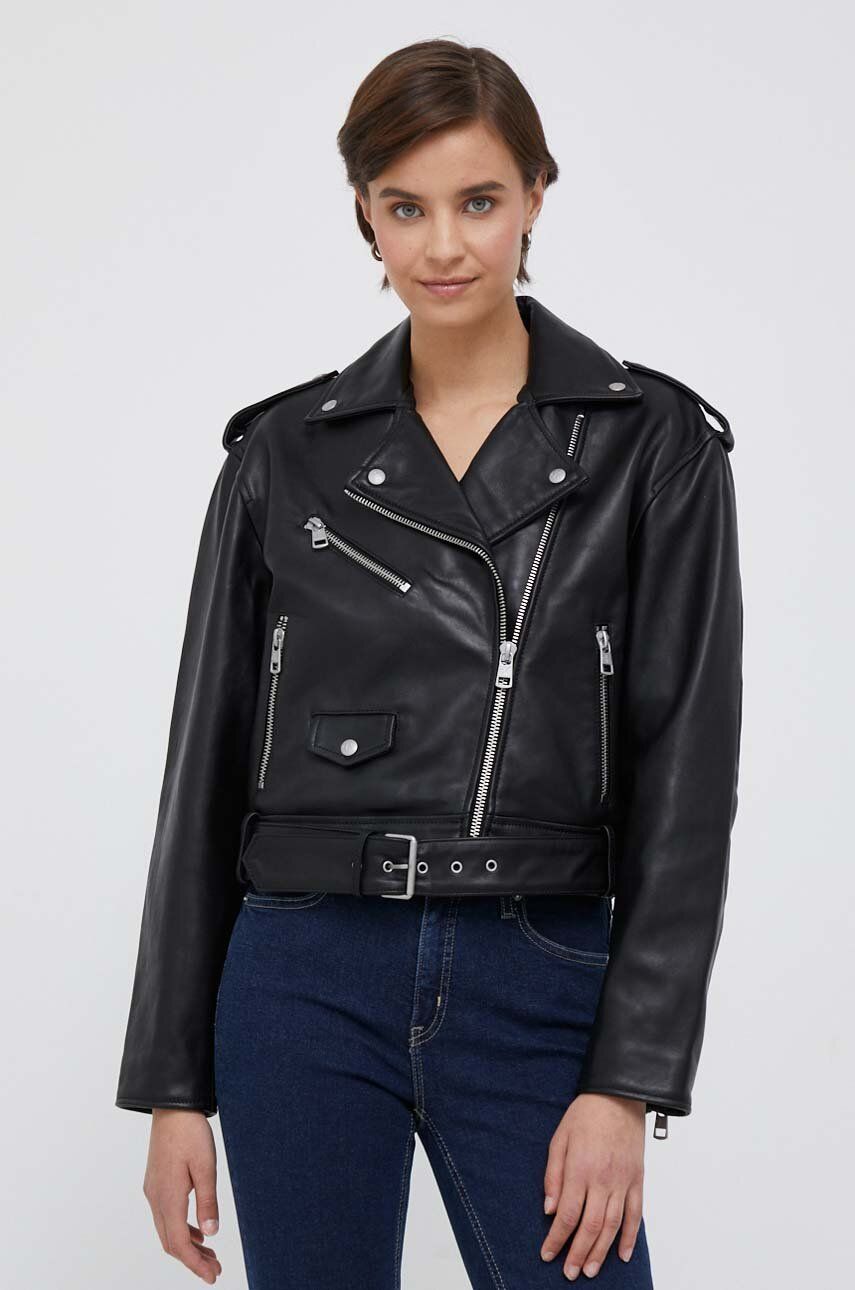 Levně Kožená ramoneska Calvin Klein Jeans dámská, černá barva, přechodná, oversize