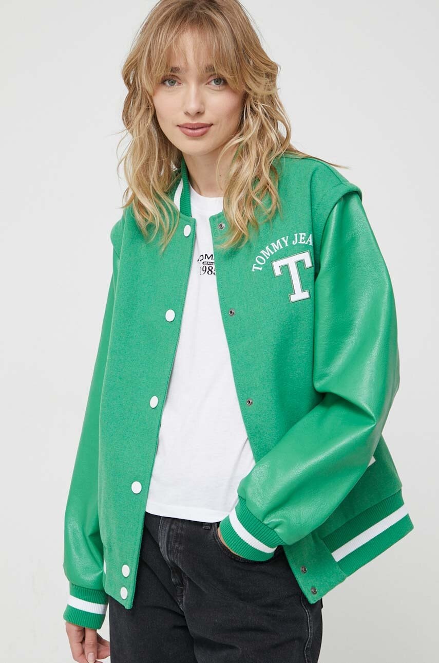 Tommy Jeans Jacheta Bomber Din Amestec De Lana Culoarea Verde, De Tranzitie