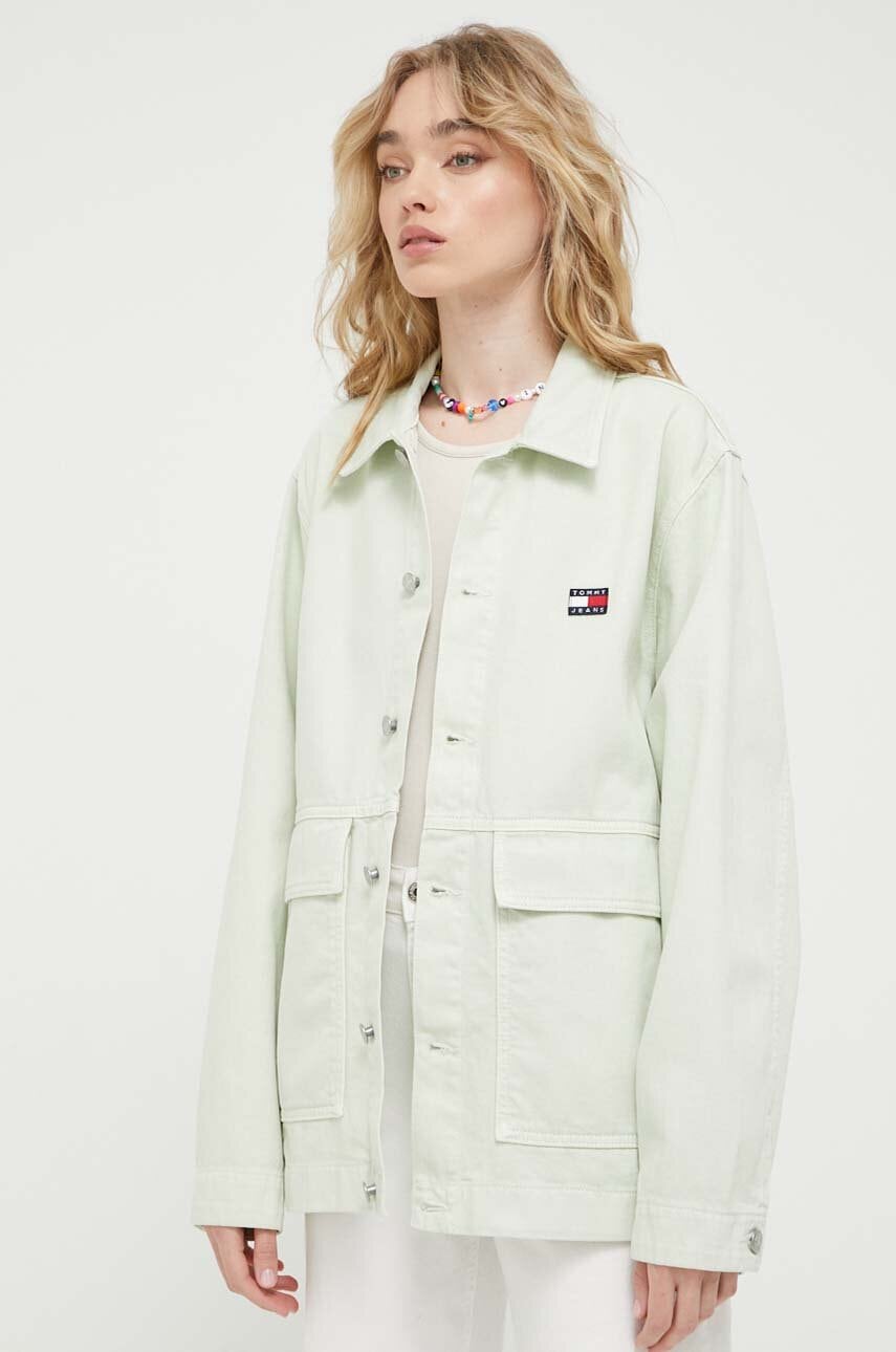 Tommy Jeans Geaca Jeans Femei, Culoarea Verde, De Tranzitie, Oversize