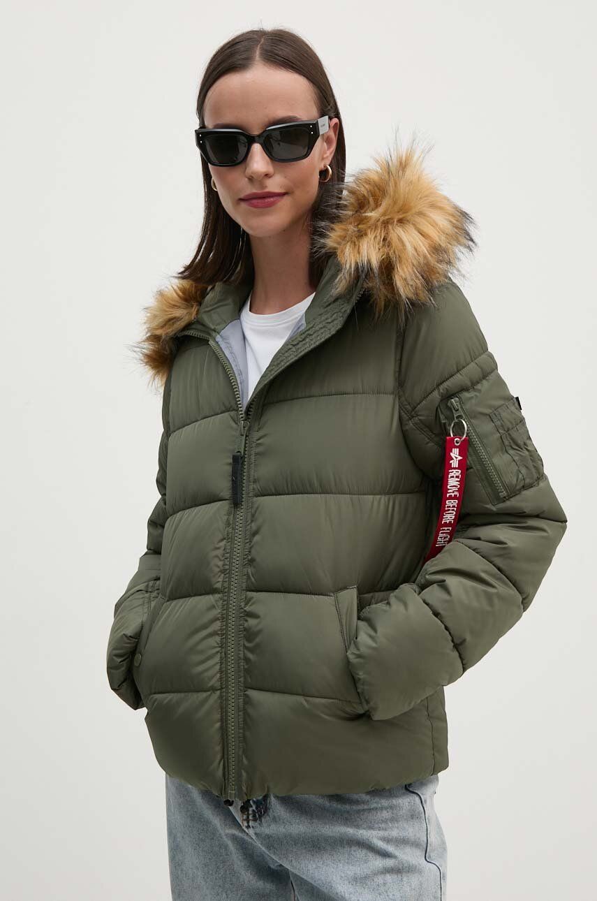 Alpha Industries Geaca Bomber Hooded Puffer Wmn Femei, Culoarea Verde, De Tranzitie, Oversize