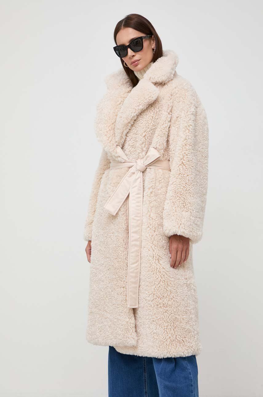 Levně Oboustranný kabát Elisabetta Franchi dámský, béžová barva, přechodný, bez zapínání
