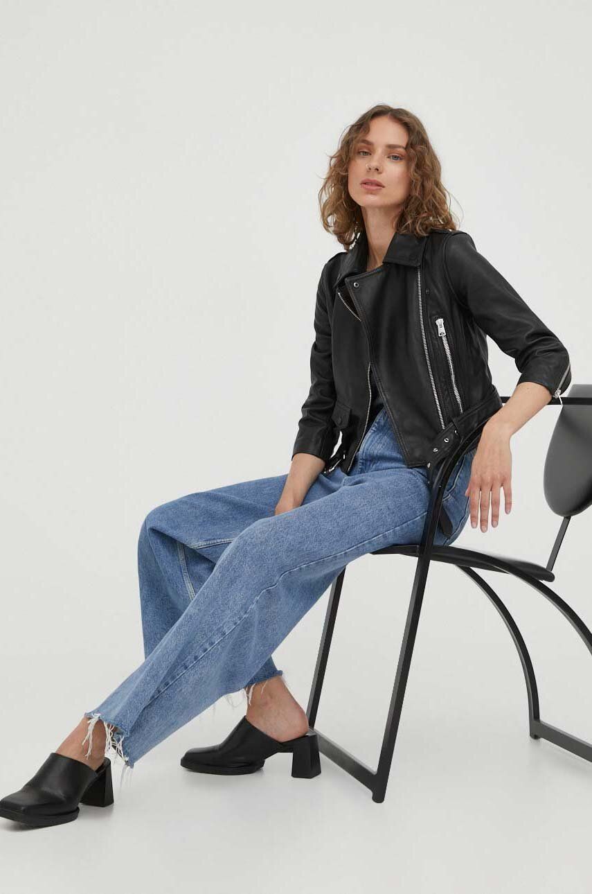 AllSaints geaca ramones de piele Brookes Biker femei, culoarea negru, de tranzitie