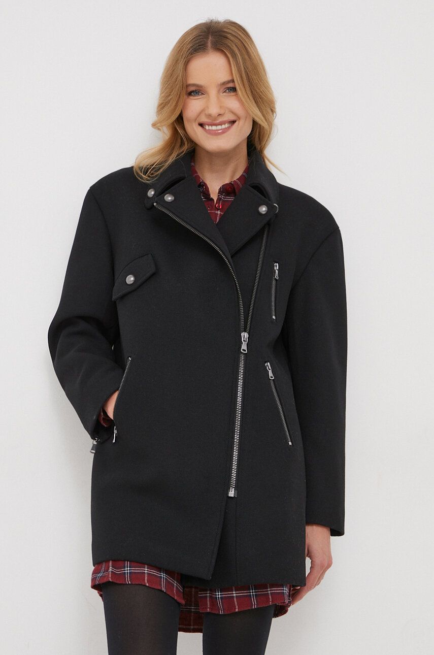 Kabát s příměsí vlny Sisley černá barva, přechodný, oversize