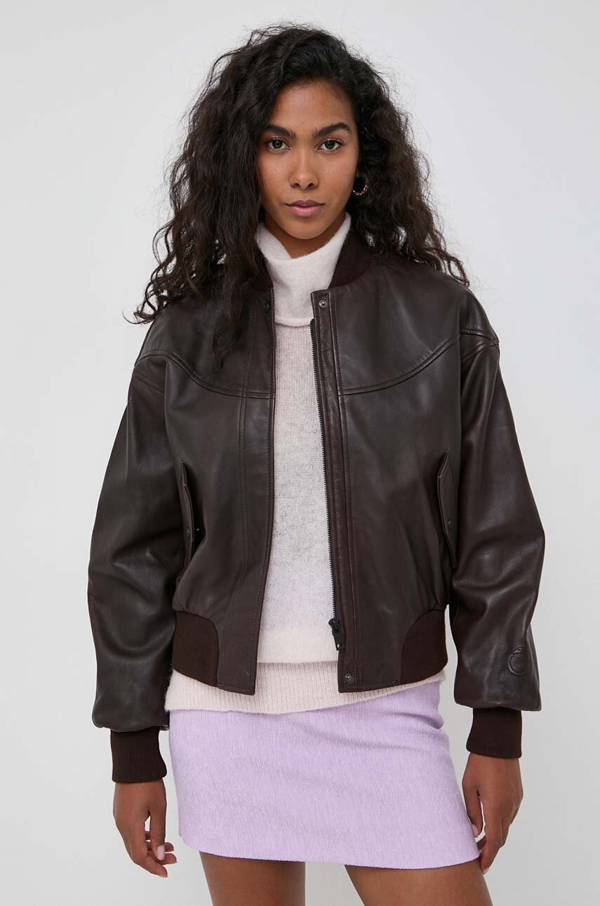 Trussardi geaca bomber de piele femei, culoarea maro, de tranzitie