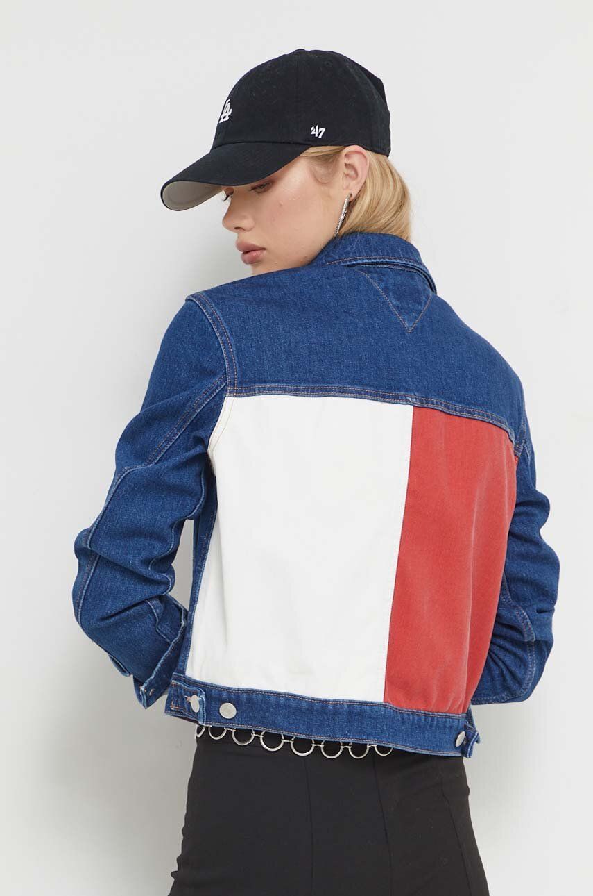Levně Džínová bunda Tommy Jeans dámská, tmavomodrá barva, přechodná