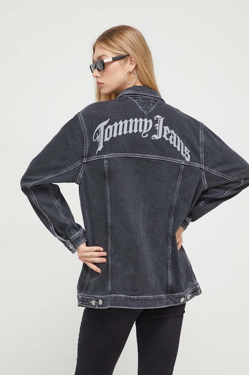 Tommy Jeans geaca jeans femei, culoarea negru, de tranzitie, oversize