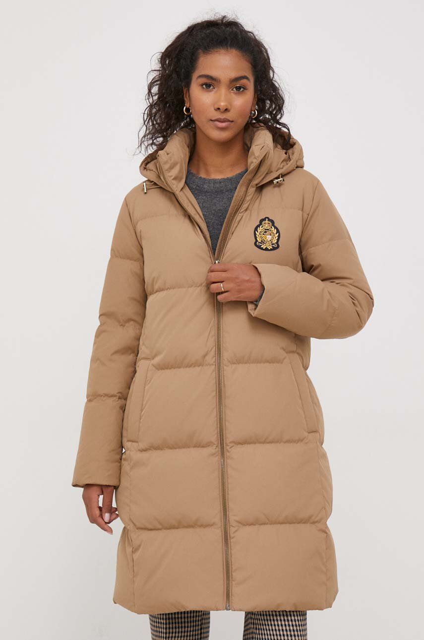 Levně Péřová bunda Lauren Ralph Lauren dámská, béžová barva, zimní