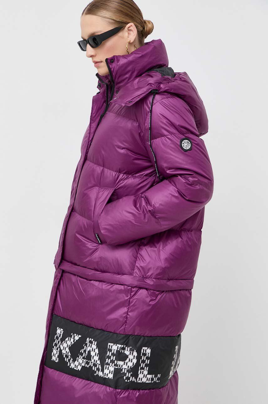 Levně Péřová bunda Karl Lagerfeld dámská, fialová barva, zimní