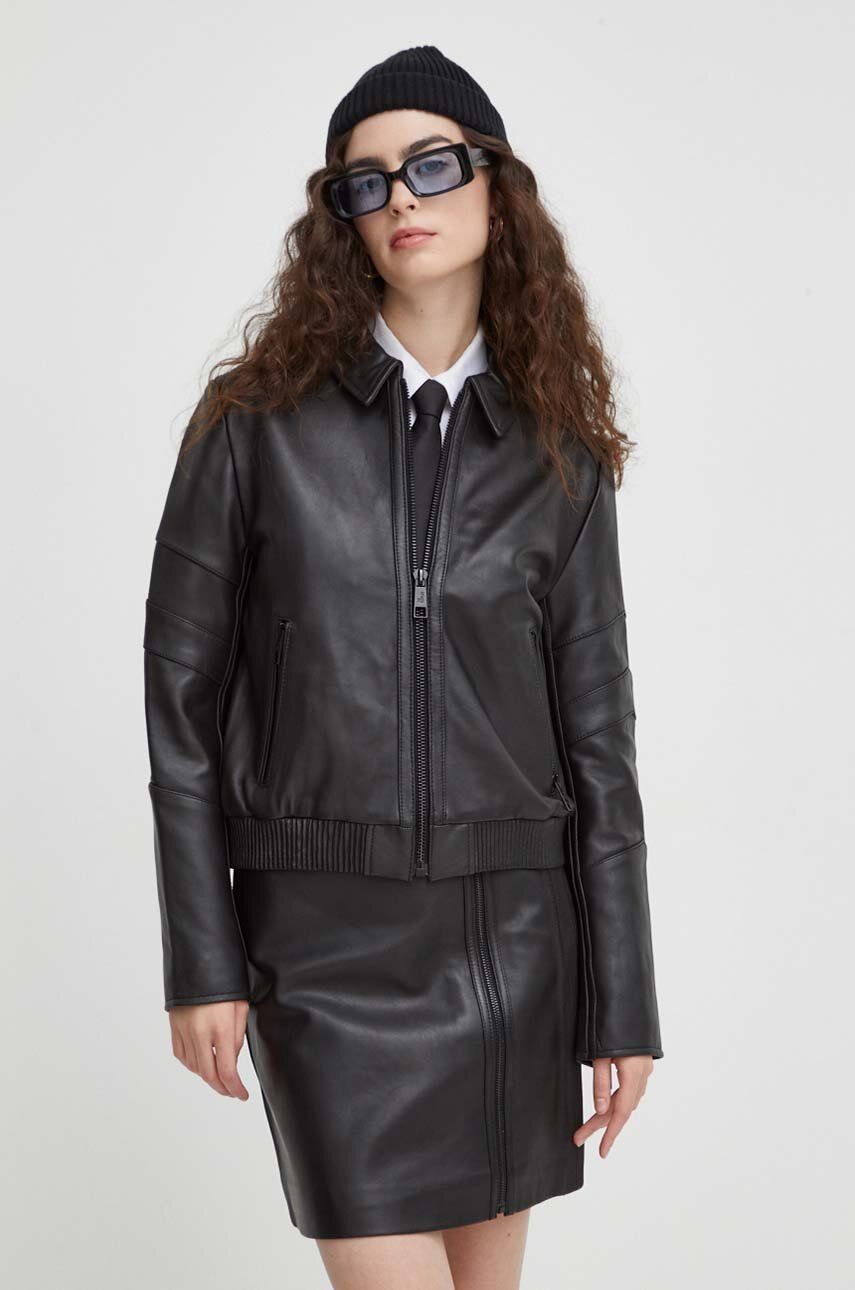 Kožená bunda The Kooples dámská, černá barva, přechodná - černá - Hlavní materiál: 100 % Jehněčí kůž