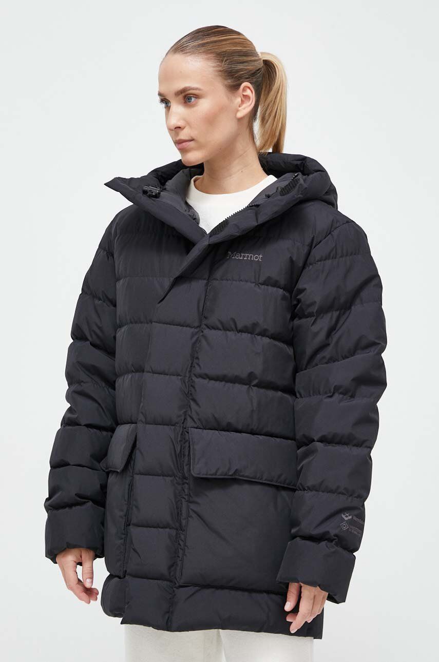Péřová bunda Marmot dámská, černá barva, zimní, oversize - černá - Hlavní materiál: 100 % Recyklovan