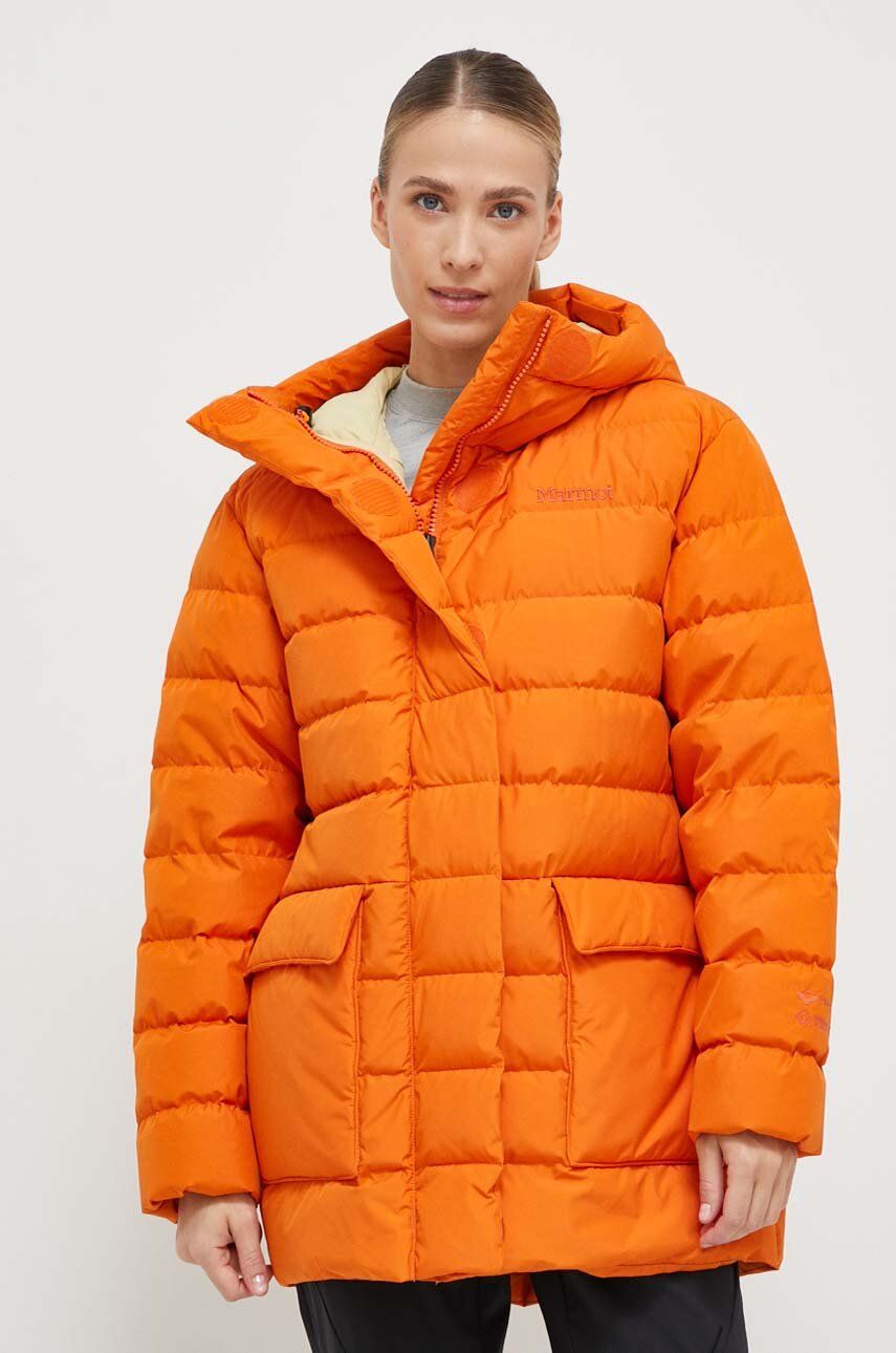 Levně Péřová bunda Marmot dámská, oranžová barva, zimní