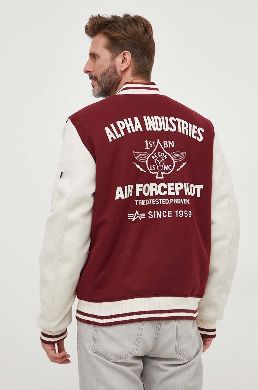 Alpha Industries Geaca Bomber Varsity Air Force Jacket Barbati, Culoarea Bordo, De Tranzitie