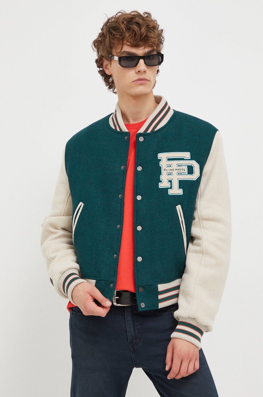 Filling Pieces jachetă bomber din lână Varsity Jacket culoarea verde, de tranziție, oversize, 78616982011 Filling Pieces jachetă bomber din lână Varsity Jacket culoarea verde, de tranziție, oversize, 78616982011
