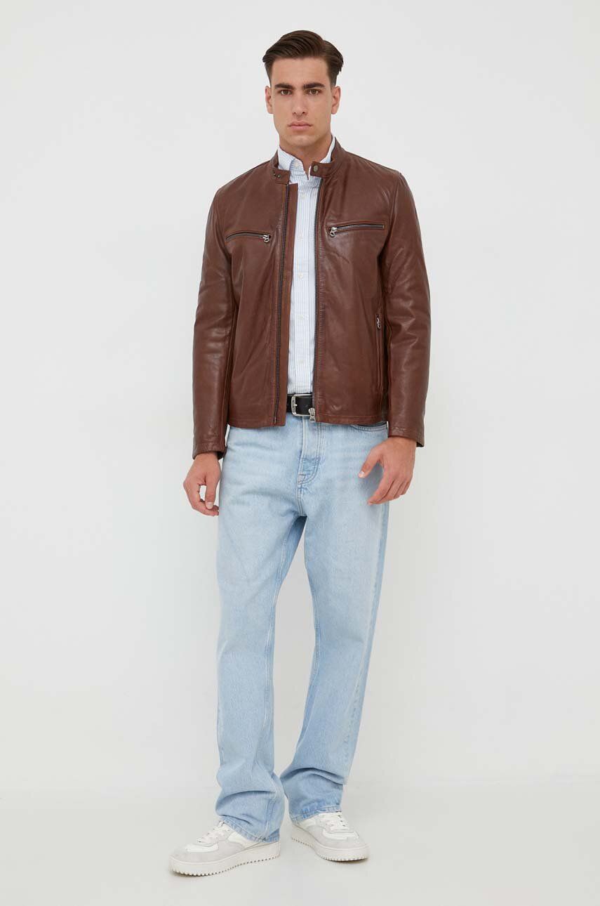 Kožená bunda Pepe Jeans pánská, hnědá barva, přechodná - hnědá - Hlavní materiál: 100 % Jehněčí kůže