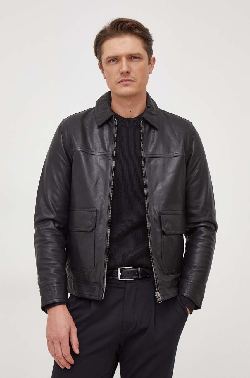 Kožená bunda Pepe Jeans Benjamin pánská, černá barva, přechodná - černá - Hlavní materiál: 100 % Jeh
