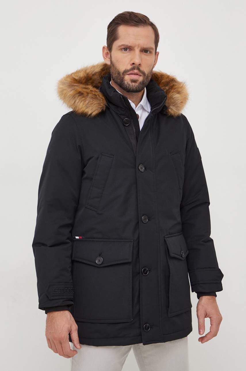 Levně Péřová bunda Tommy Hilfiger pánská, černá barva, zimní