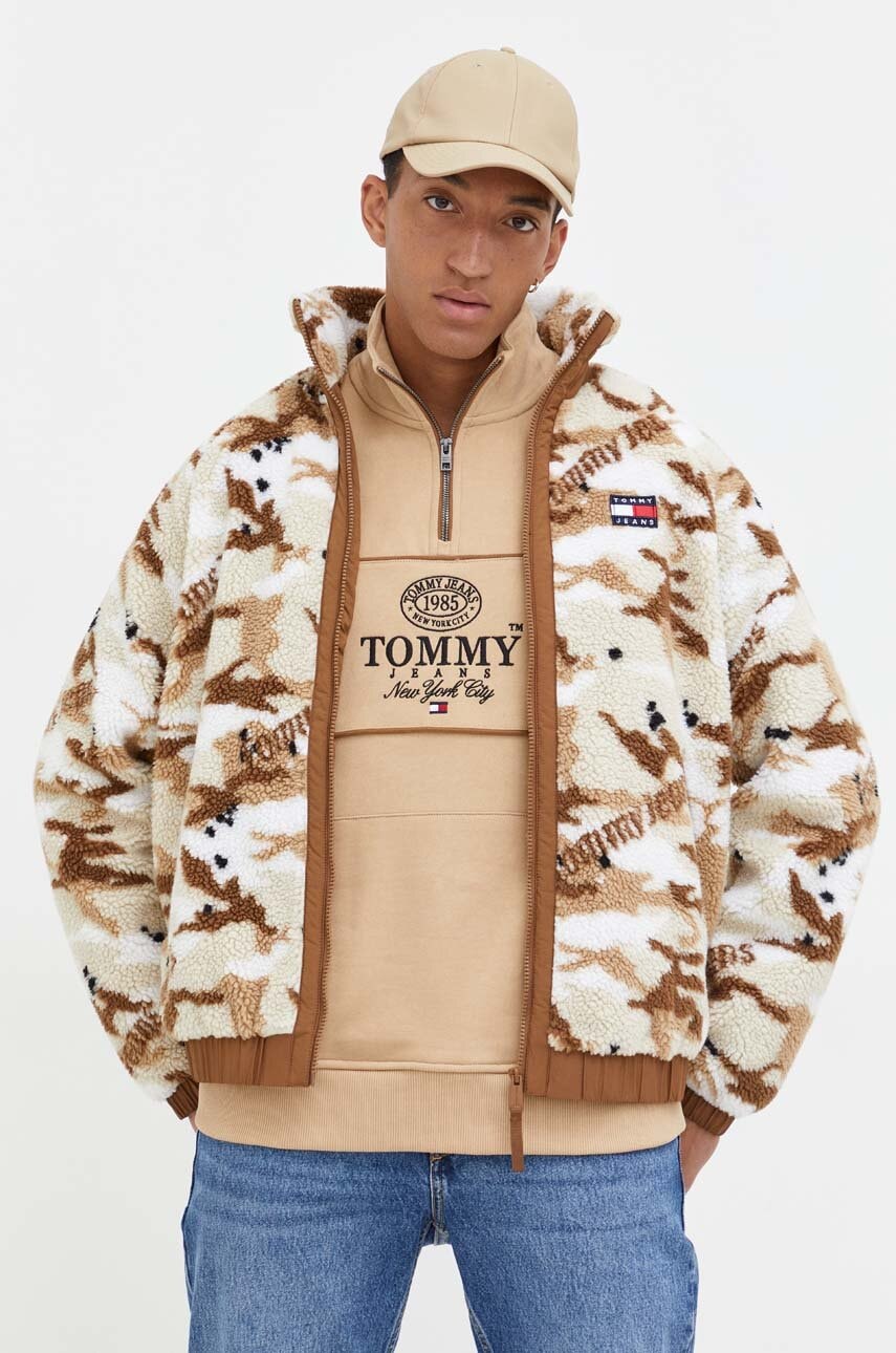 Levně Bunda Tommy Jeans pánská, hnědá barva, přechodná