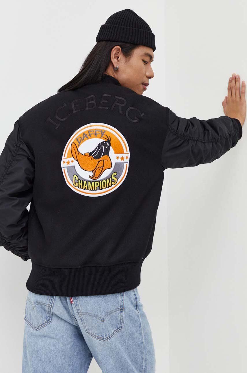 E-shop Vlněná bomber bunda Iceberg x Looney Tunes černá barva, přechodná