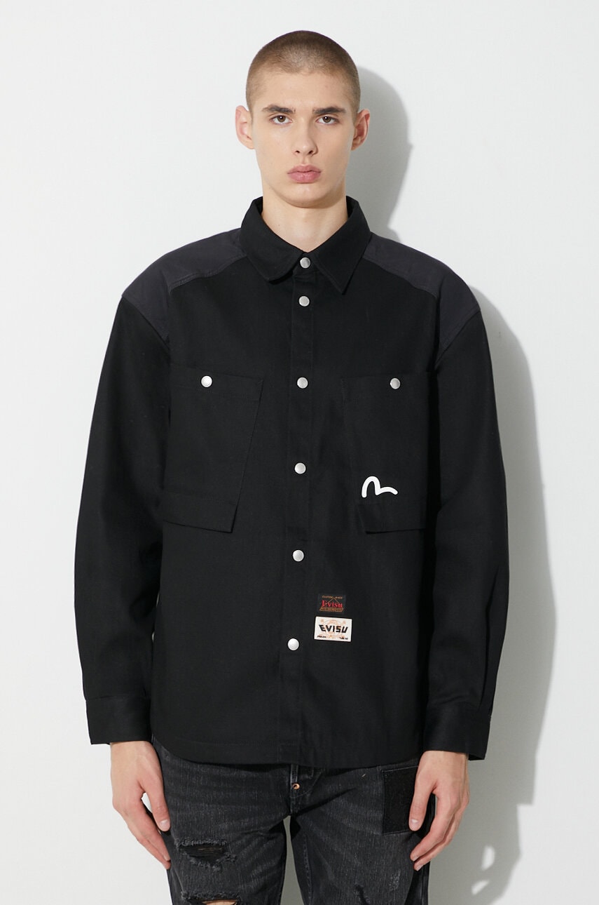 Evisu geaca din denim Seagull and Slogan Print barbati, culoarea negru, de tranzitie, 2EAHTM3SJ8004LFCT