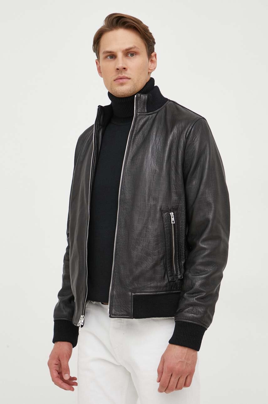 Michael Kors geaca bomber de piele barbati, culoarea negru, de tranzitie