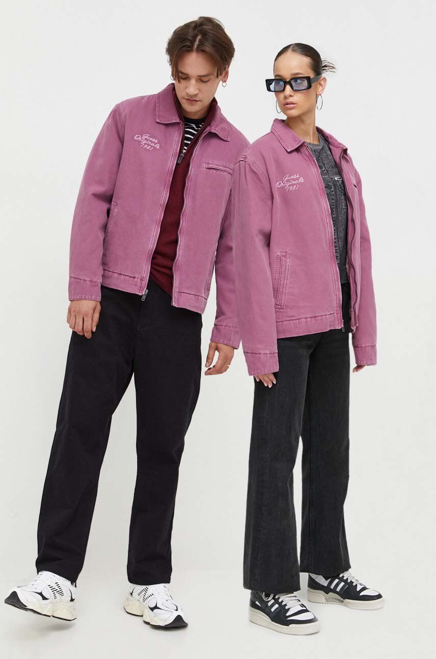 Levně Džínová bunda Guess Originals fialová barva, přechodná