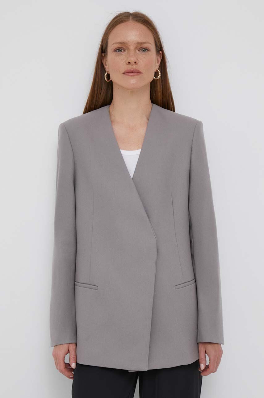 Vlněná bunda Calvin Klein šedá barva, oversize, hladká