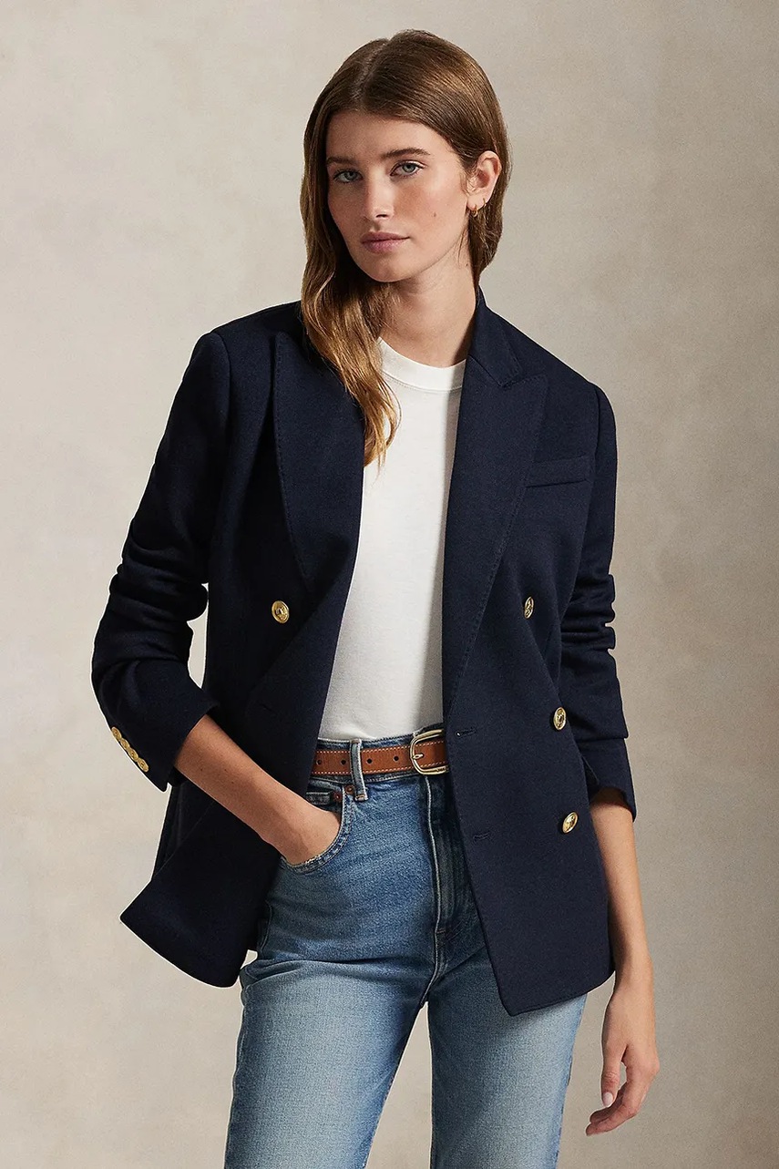 Polo Ralph Lauren marynarka z domieszką wełny kolor granatowy dwurzędowa gładka