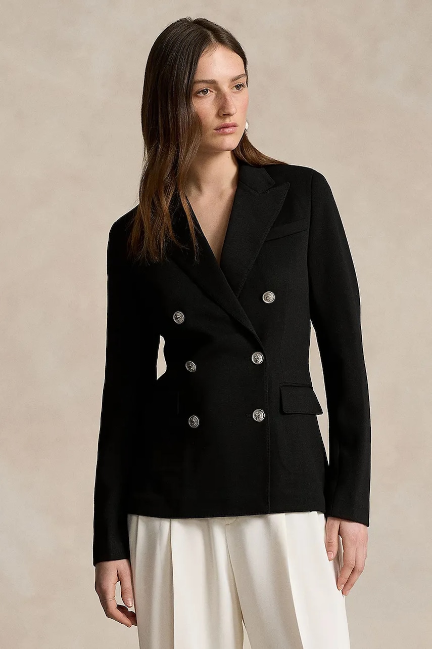 Polo Ralph Lauren marynarka z domieszką wełny kolor czarny dwurzędowa gładka