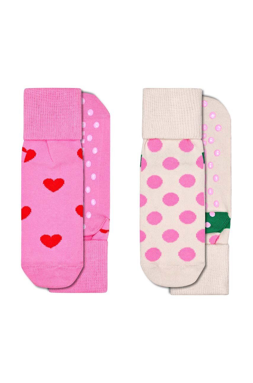 Happy Socks sosete copii Antislip Heart & Big Dot 2-pack culoarea roz