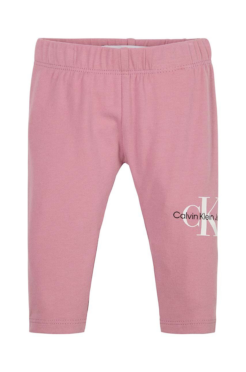 Levně Dětské legíny Calvin Klein Jeans růžová barva, s potiskem